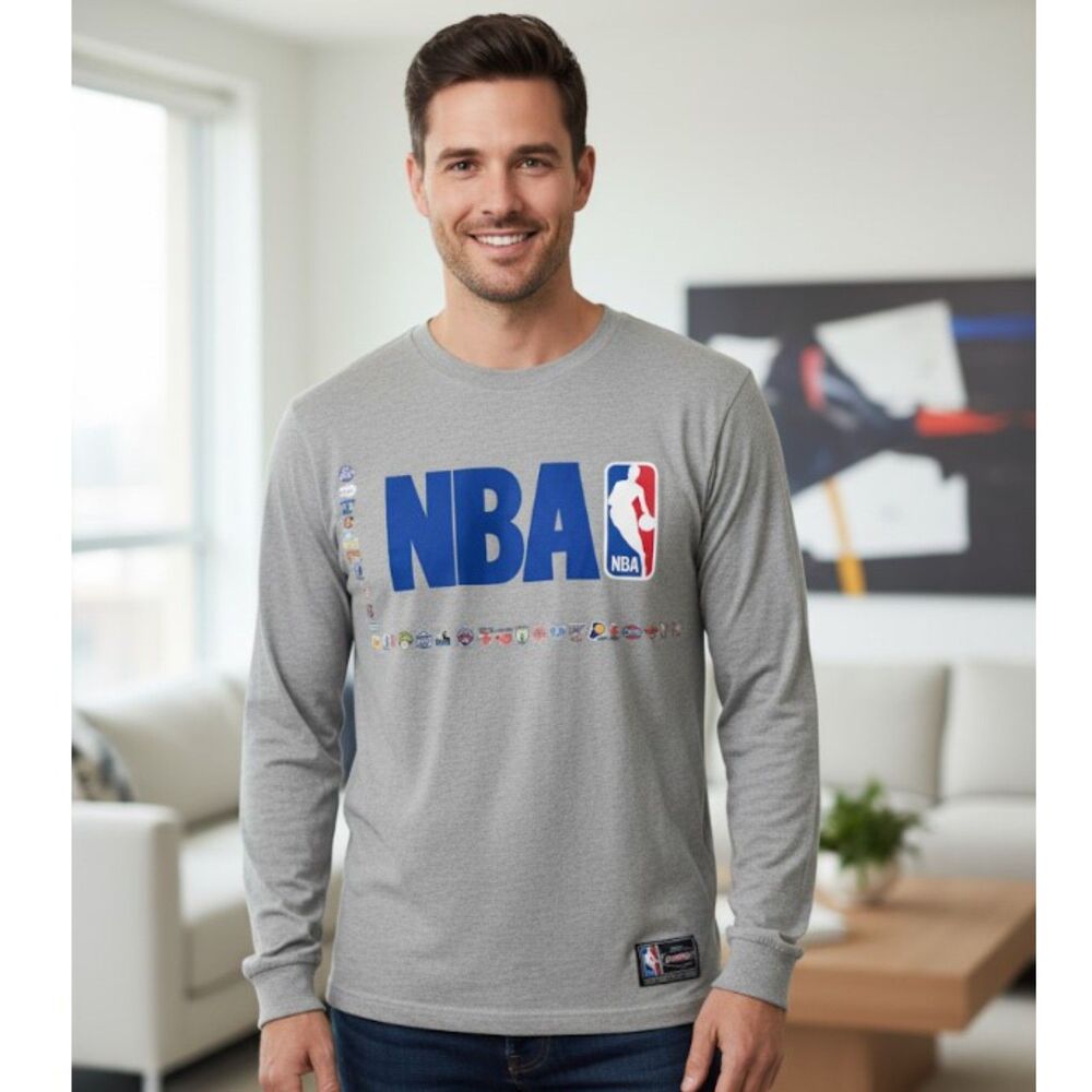 NBA Logo Long Sleeve Tee Gray Men’s L UNK Licensed Streetwear
